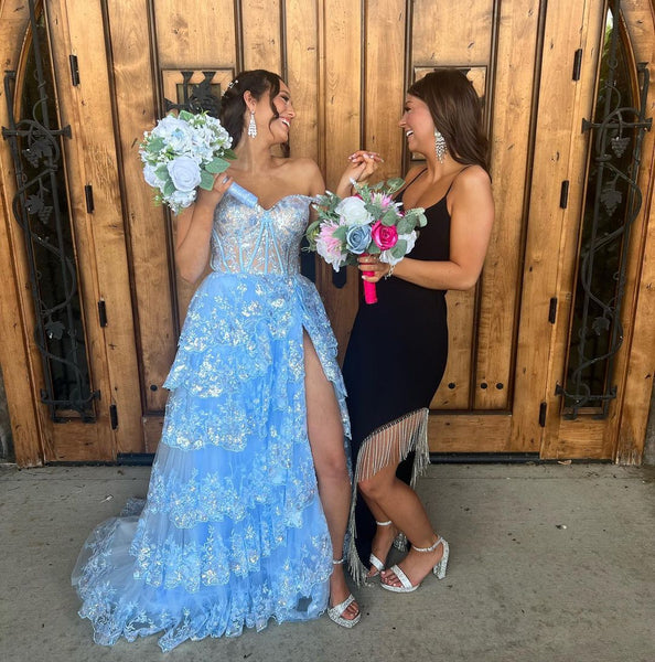 Cute A Line Off the Shoulder Blue Tulle Long Prom Dresses with Appliques VK23051903