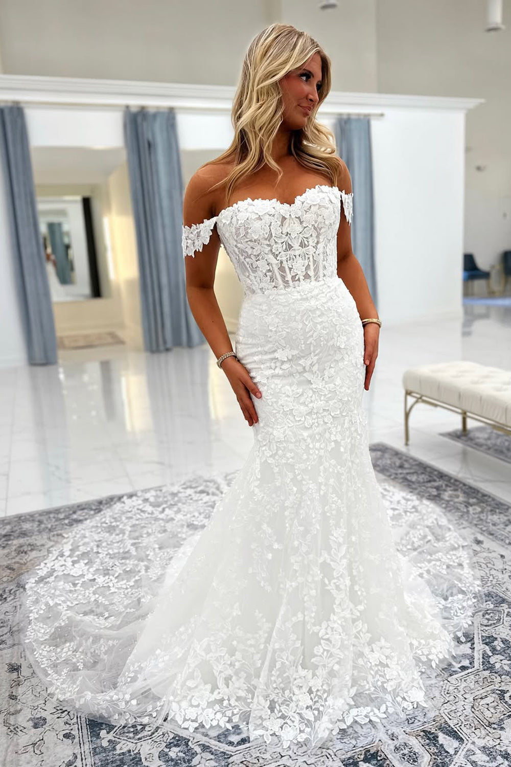 Boho Off the Shoulder Mermaid Lace Wedding Dress with Appliques VK102909