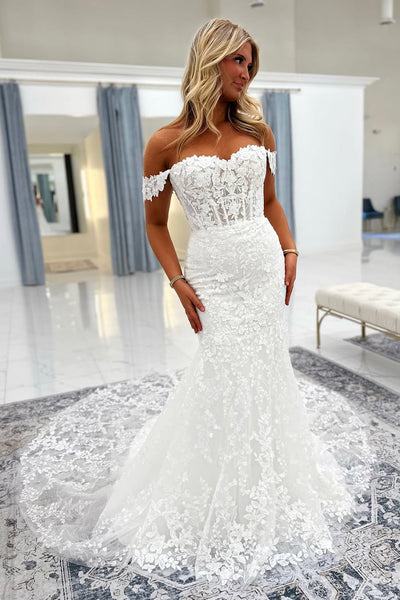 Boho Off the Shoulder Mermaid Lace Wedding Dress with Appliques VK102909