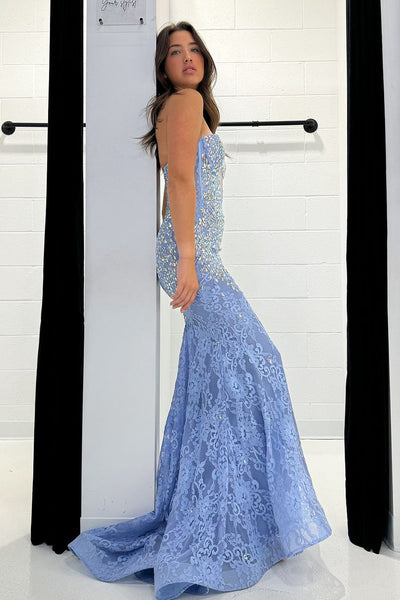 Elegant Mermaid V Neck Dusty Blue Lace Prom Dresses with Beading
