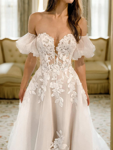 Princess A-Line Off the Shoulder White Tulle Appliques Wedding Dresses VK25102001