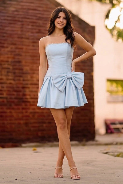 A Line Strapless Light Blue Satin Homecoming Dress with Pearls VK26070713