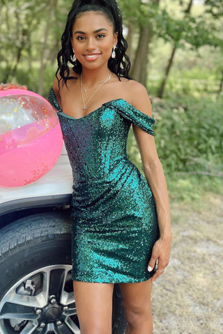 Sparkly Off the Shoulder Dark Green Sequins Short Homecoming Dresses Tight VK23090707