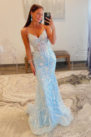 Light Blue Sequins Appliques V Neck Long Prom Dresses VK23122802