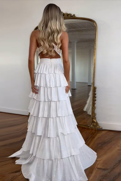 Halter Sparkly Yellow Ruffle Tiered A-Line Long Prom Dress with Slit VK022504