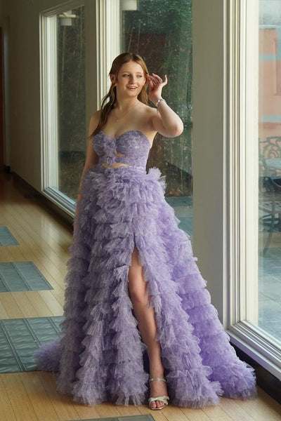Cute A Line Sweetheart Purple Printed Tulle Long Prom Dresses with Slit VK24101805