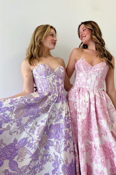 A-Line Sweetheart Floral Printed Long Prom Dresses VK24030703