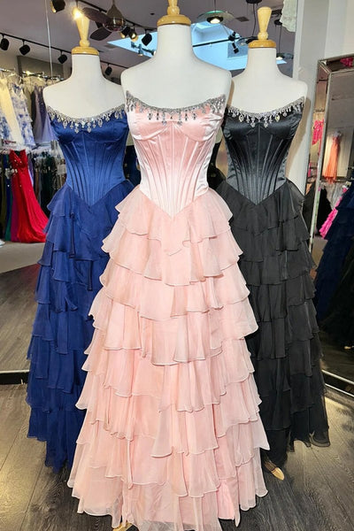 Charming A-Line Strapless Green Chiffon Tiered Long Prom Dresses with Slit VK26010602