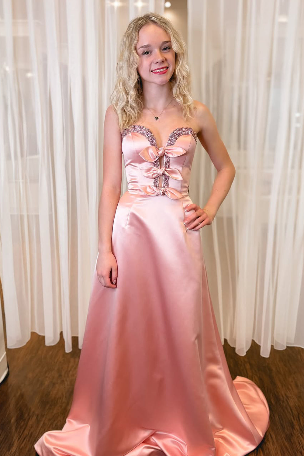 A-Line Strapless Pink Satin Long Prom Dresses with Bowknot VK022408
