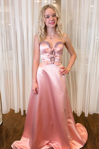 A-Line Strapless Pink Satin Long Prom Dresses with Bowknot VK022408