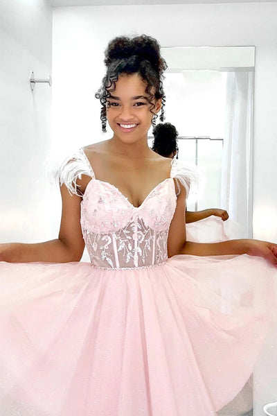 Glitter Pink A-Line Corset Tulle Short Homecoming Dress with Feathers VK23081803