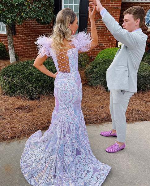 Cute Mermaid V Neck Lavender Sequins Long Prom Dresses with Ostrich Feather VK23061301