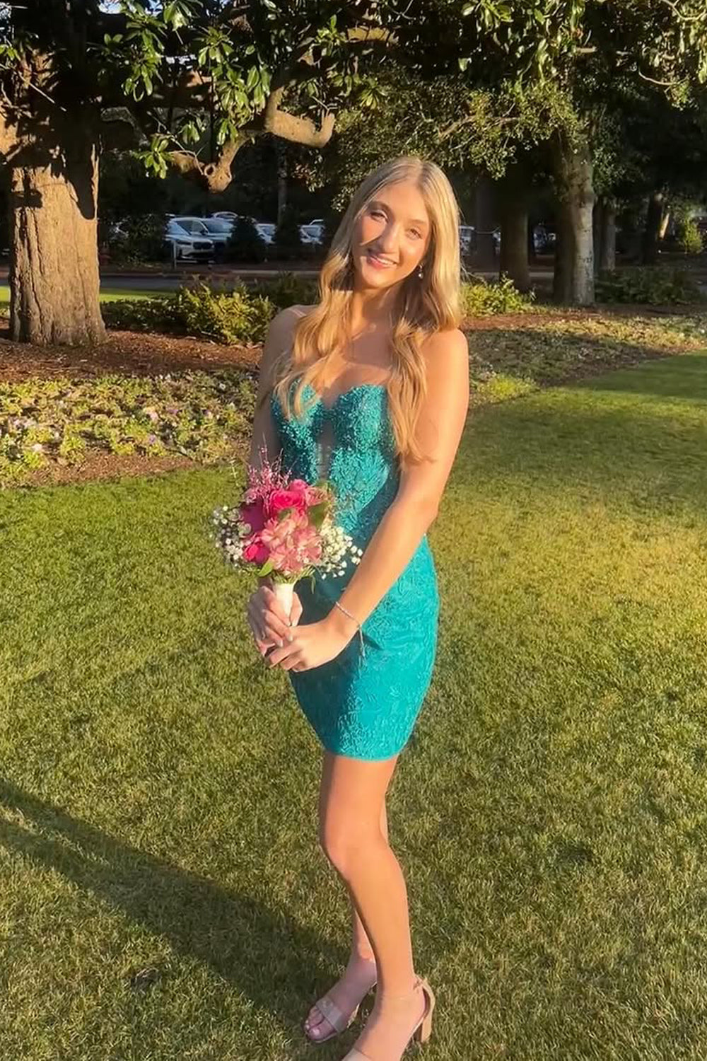 Cute Bodycon Sweetheart Keyhole Green Lace Homecoming Dress with Beading VK25052509
