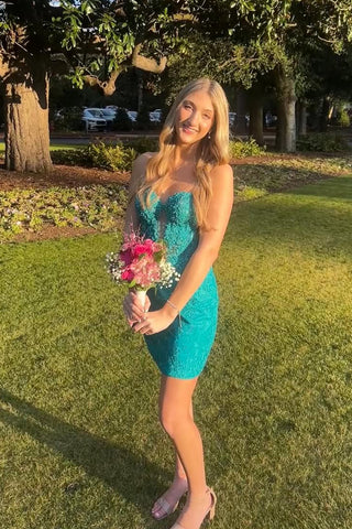 Cute Bodycon Sweetheart Keyhole Green Lace Homecoming Dress with Beading VK25052509