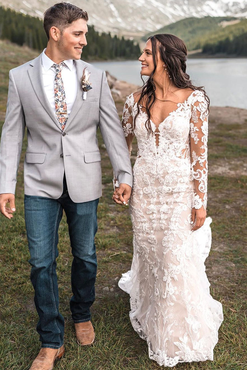 Bohemain Mermaid Long Sleeves Lace Wedding Dresses VK23081901