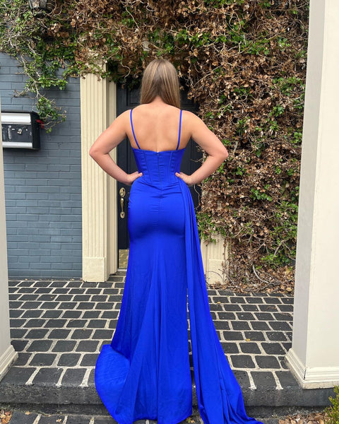 Cute Mermaid Sweetheart Royal Blue Satin Long Prom Dresses with Beading VK23060807