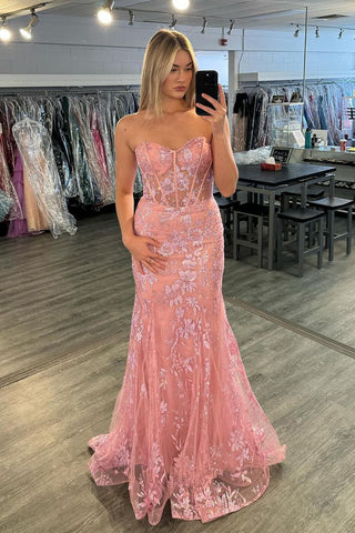 Pink Strapless Lace Mermaid Long Prom Dresses VK24022403