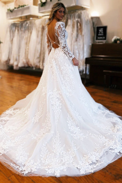 Ivory Appliques Plunge V Neck A-Line Long Wedding Dress with Long Sleeves VK23062702