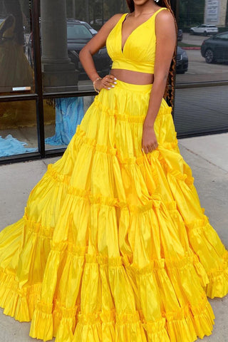 Yellow Two Piece Satin Long Prom Dress with Bow Tie VK23122304