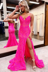 Fuchsia V Neck Sequins Mermaid Long Prom Dresses with Slit VK24050603