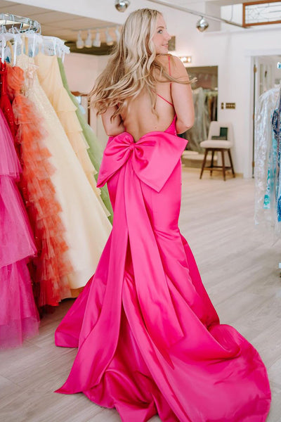 Fuchsia V Neck Stin Mermaid Long Prom Dresses with Bow VK24032601