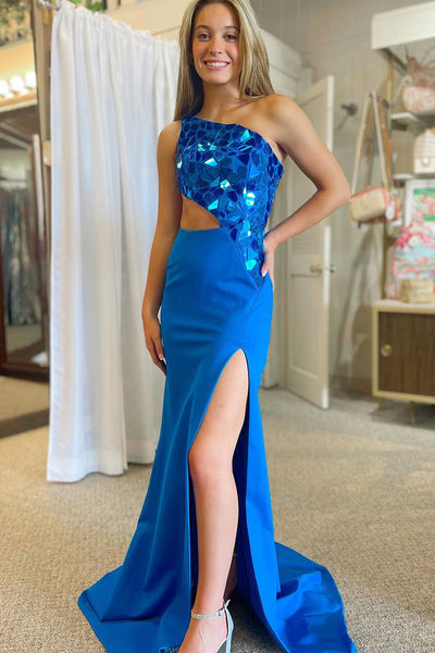 Blue One Shoulder Mirror Long Prom Dresses with Cutout VK23090803