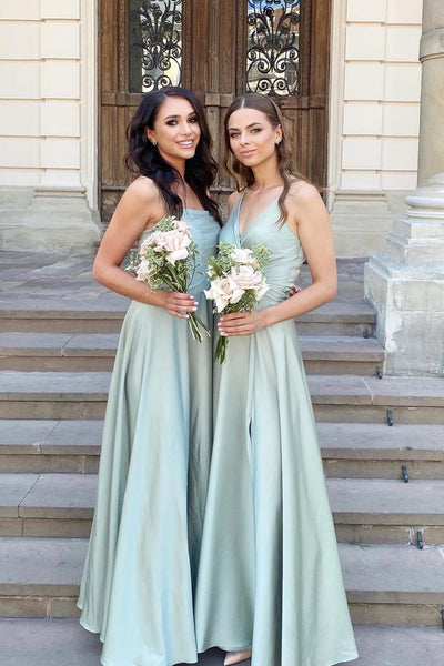 Simple A-Line V Neck Sage Green Silk Satin Long Bridesmaid Dresses VK23082506