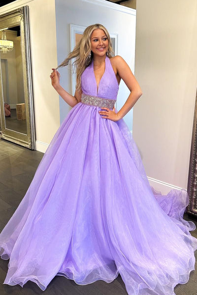 A-Line Halter Lilac Long Prom Dresses with Beadings VK24013003