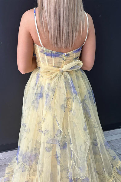 Yellow Halter Keyhole Floral Printed Long Prom Dress VK24030503