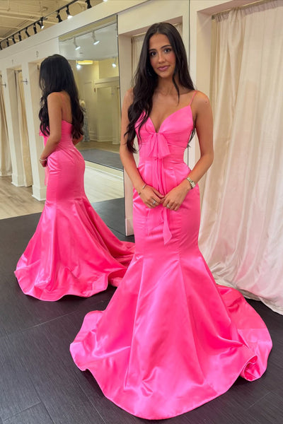 Cute Mermaid V Neck Hot Pink Satin Prom Dress with Bow VK16012710