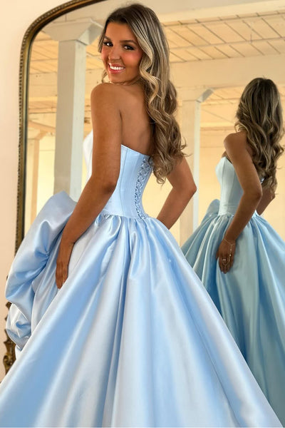 A-Line Strapless Red Satin Prom Dresses with Handmade Flower VK26012707