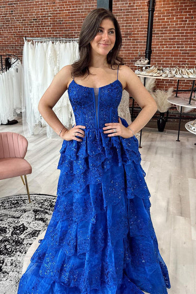 Royal Blue Straps Tiered A-Line Prom Dress with Sequins VK23110303