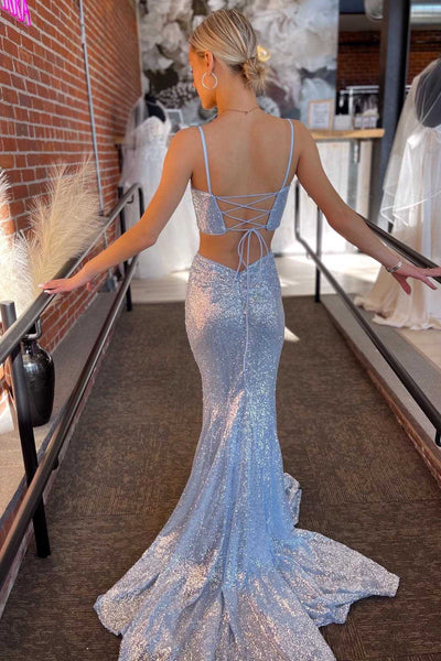 Light Blue Sequin Twist-Front Lace-Up Mermaid Long Prom Gown VK23121209