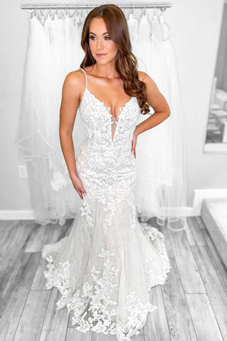 Mermaid V Neck Lace Wedding Dresses VK23100203