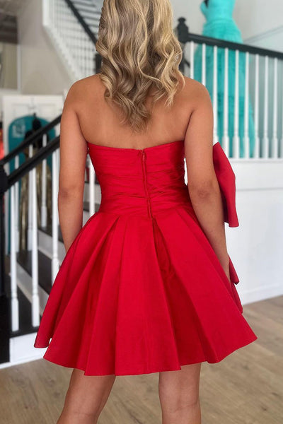 Cute A-Line Strapless Red Satin Short Homecoming Dresses with Bow VK23090703