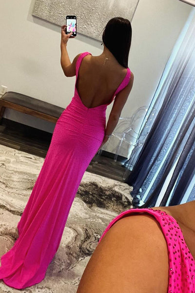 Fuchsia Satin Mermaid Long Prom Dresses with Beading VK24031104