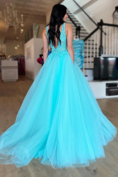 Teal A-Line V Neck Tulle Long Prom Dresses VK23091006