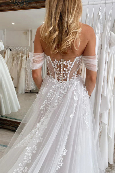 Off the Shoulder White Tulle Wedding Dresses with Appliques VK1312803