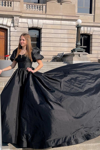 Black Square Neck Short Sleeves Satin Prom Dresses with Bow VK24050403