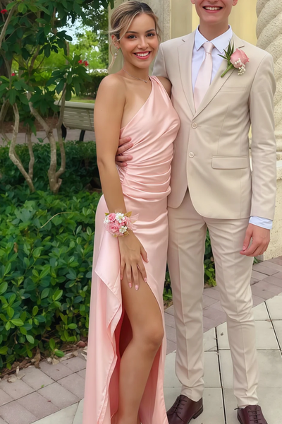 Sage Green One Shoulder Pleats Long Prom Dresses with Slit VK26011109