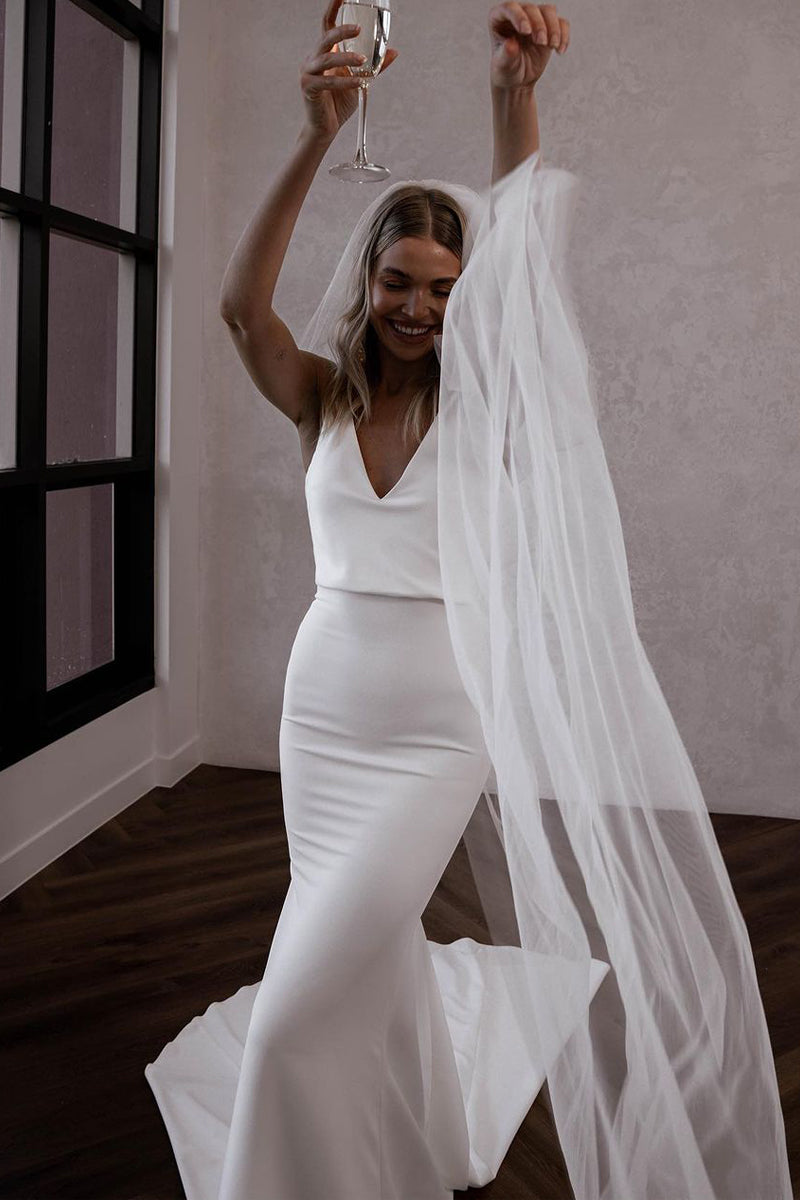 Simple Mermaid V Neck Backless White Satin Wedding Dresses VK23081010