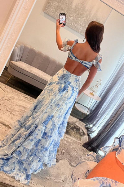 Fairy Sheath V Neck Floral Printed Chiffon Long Prom Dress with Slit