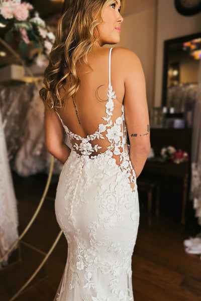 Elegant Mermaid V Neck Lace Wedding Dresses VK24012001