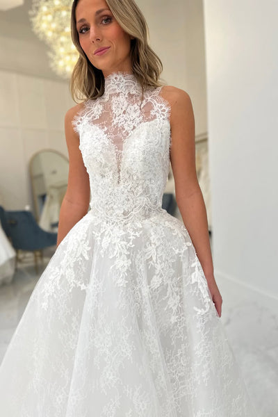 Charming A-Line High Neck Tulle Lace Wedding Dresses VK26022803