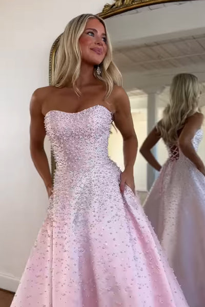 A-Line Strapless Pink Beads Long Prom Dresses with Slit VK26020102