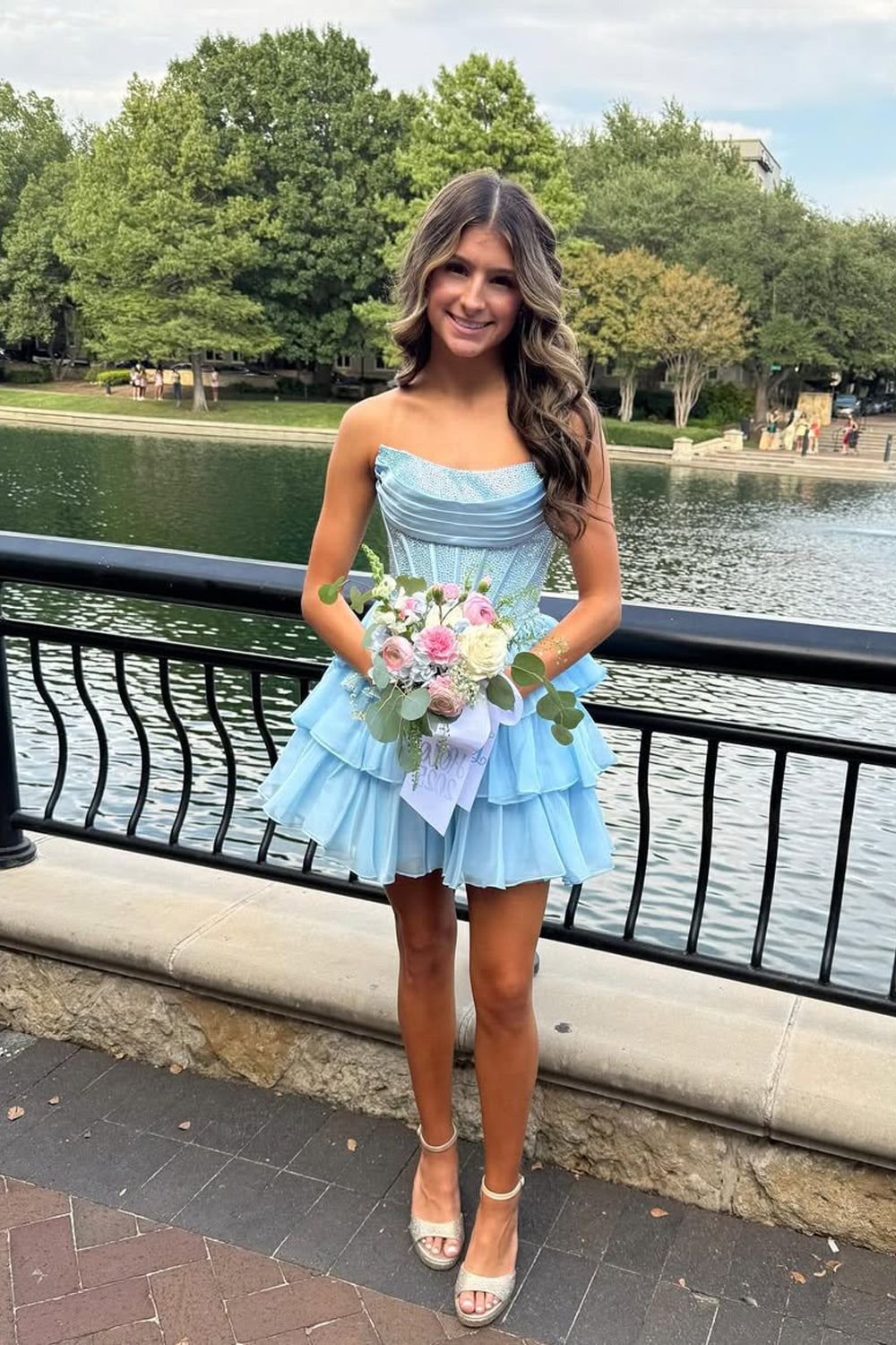 Light Blue Beaded Ruffle Tiered Short Homecoming Dresses VK25092408