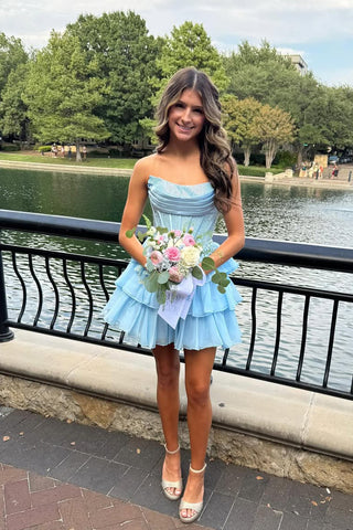 Light Blue Beaded Ruffle Tiered Short Homecoming Dresses VK25092408