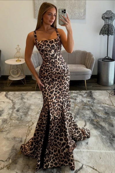 Mermaid Square Neck Leopard Print Long Prom Dresses with Slit VK26030108