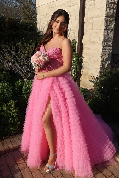 Cute Ball Gown Sweetheart Pink Tiered Tulle Prom Dress with Slit VK2505250