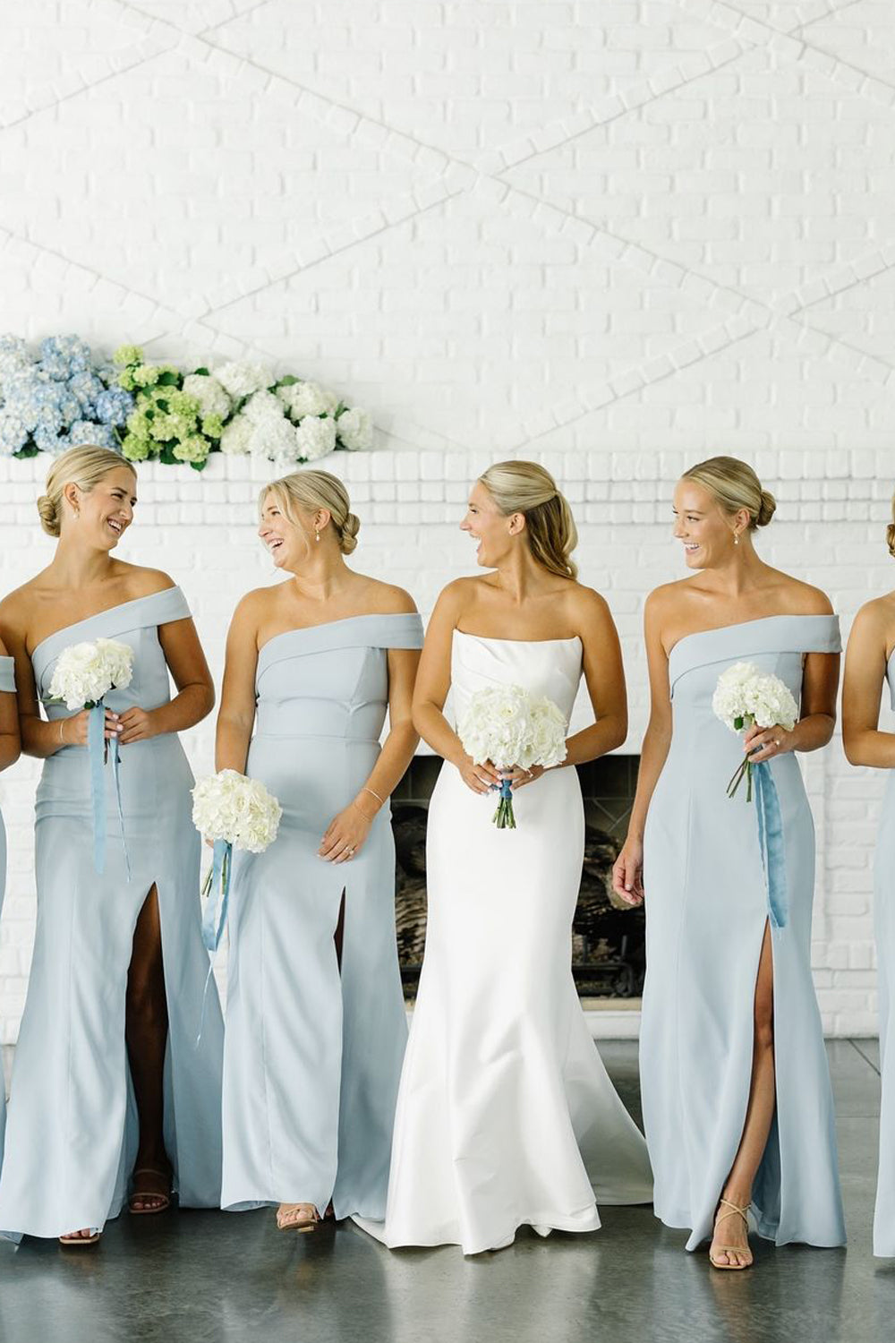 Elegant Sheath One Shoulder Sky Blue Long Bridesmaid Dresses VK24100407